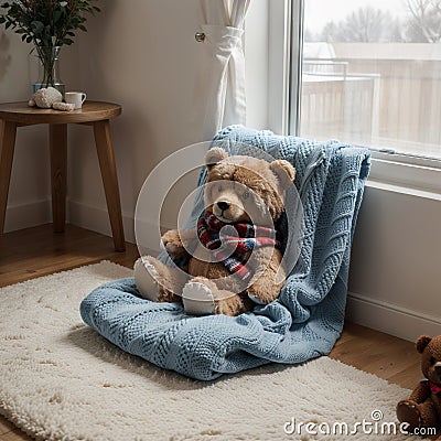 Cozy holidays at home. Cute little lying under blue knitted blanket with teddy bear on floor at window reading book. Winter season Stock Photo