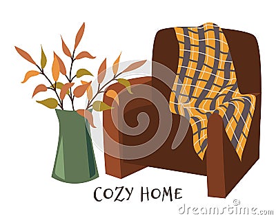 Cozy home. Armchair with plaid and branches in vase hand drawn flat vector illustration on white. Image for design Vector Illustration