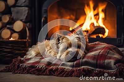 Cozy Home Cozy Fireplace With A Furry Friend Stock Photo