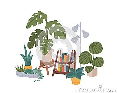 Cozy home decor. Different potted houseplants, bookshelf and a lamp. Hygge homely composition with monstera, sansevieria Vector Illustration