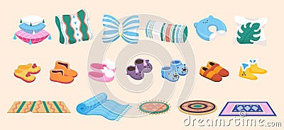 Cozy home elements, slippers pillows and carpets. Fluffy carpet, orthopedic and decorative pillow. Cute children and Vector Illustration
