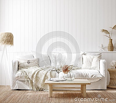 Cozy home interior background, Coastal style living room Stock Photo