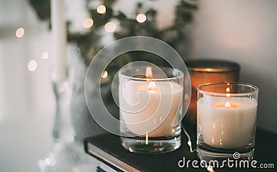 Cozy home interior decor, burning candles Stock Photo