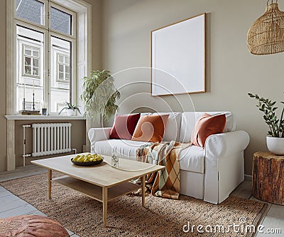 Cozy home interior in light pastel colors with hardwood flooring. Wall mockup, 3d renderin Stock Photo