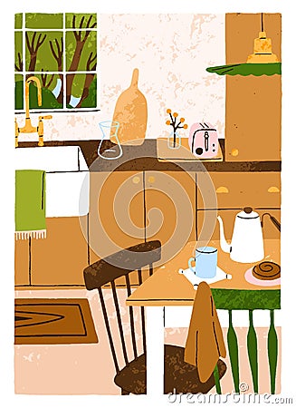 Cozy home kitchen interior card. Cosy comfortable furniture in dining room with tea mug on table, chairs, sink, summer Cartoon Illustration