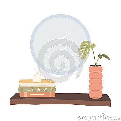 Cozy home. Wooden shelf pile of books and lighted candle. Cozy autumn days Vector Illustration