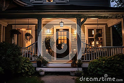 cozy house exterior with front porch and lanterns, giving a warm and inviting feel Stock Photo