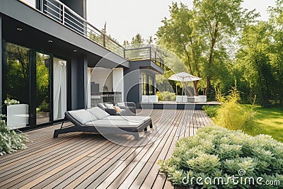 cozy house exterior with sunbathing deck and lounge chairs, surrounded by lush greenery Stock Photo