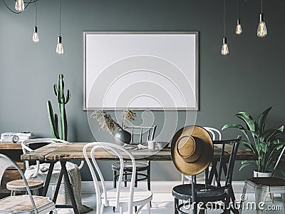 Cozy interior with empty poster frame. Frame mockup in interior. Stock Photo