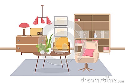 Cozy interior of living room furnished with old fashioned USSR or Soviet furnishings - armchair, coffee table, lamp Vector Illustration