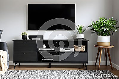 Cozy interior of living room with TV on stand Stock Photo
