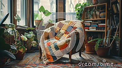 A cozy interior scene featuring a handmade patchwork quilt draped over a vintage wooden chair. British snug, telling its Stock Photo