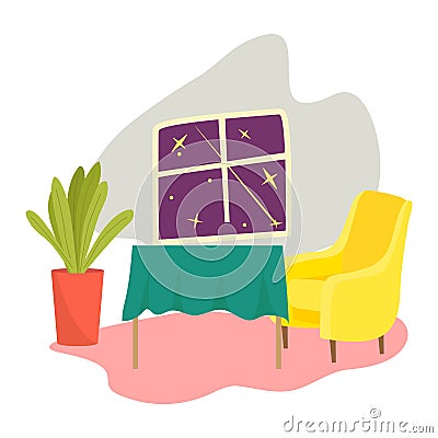 Cozy interior with yellow armchair, night window view, and potted plant. Home comfort and stylish furniture design Vector Illustration