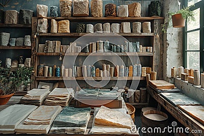 Rustic bookbinding workshop interior Stock Photo