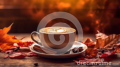 a cappuccino cup with on warm autumnal backdrop Stock Photo