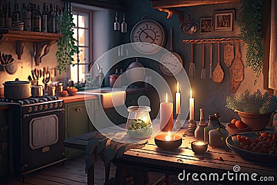 cozy kitchen with candles, warm light and cozy atmosphere at night Stock Photo