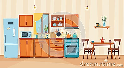 Cozy kitchen interior with furniture and stove Vector Illustration