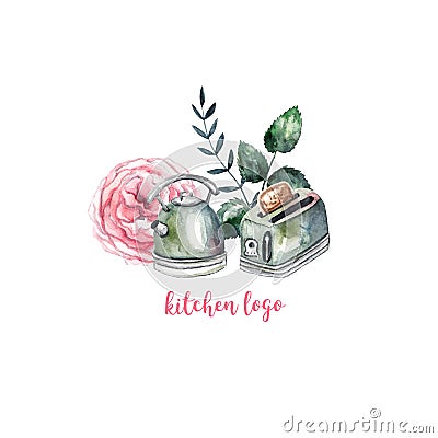 Cozy kitchen logo on white isolated background. Beautiful watercolor illustration Cartoon Illustration