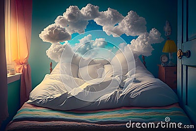 Cozy large double-steel window with clouds above the head of the bed linen and filler like clouds are shrouded in a bedroom. The Stock Photo