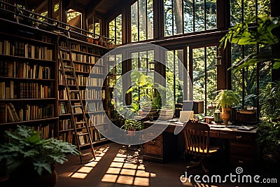 Cozy Library Haven: Sunlit Shelves, Vintage Charm, and Serene Reading Nook Stock Photo