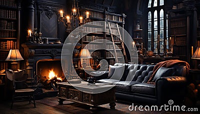 Cozy library with old fashioned elegance, comfortable armchair, and illuminated bookshelf generated by AI Stock Photo