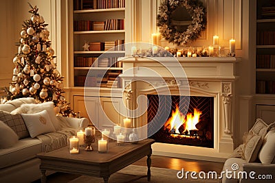 cozy light interior decorated with Christmas garlands, candles, burning fireplace, Christmas tree Stock Photo