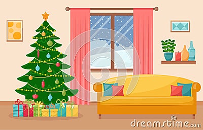 Cozy living interior with Christmas tree. New Year decorated living room. Vector illustration Vector Illustration