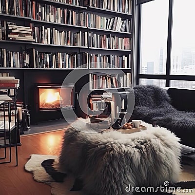 Cozy living room with fireplace, armchair, books and coffee cup Stock Photo