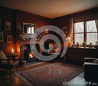 A cozy living room with a fireplace, armchair, and window, decorated with plants, exuding a warm, inviting atmosphere. Stock Photo