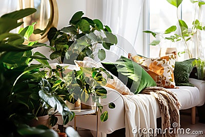 Cozy living room with indoor plants. Home gardening and biophilic design. Authentic home interior Stock Photo