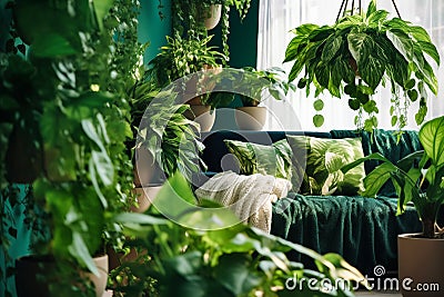 Cozy living room with indoor plants. Home gardening and biophilic design. Authentic home interior Stock Photo