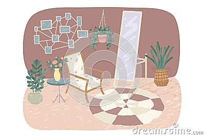 Cozy living room interior with armchair, mirror, potted plants. Vector illustration Vector Illustration