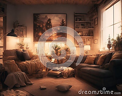 Cozy Living Room: Inviting Comfort with Warm Lighting Stock Photo