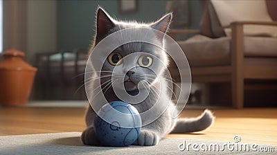 Ai Generative British kitten plays with blue ball on the carpet in the living room Stock Photo