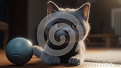 Ai Generative British kitten plays with blue ball on the carpet in the living room Stock Photo