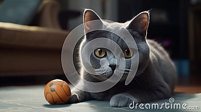 Ai Generative British kitten plays with orange ball on the carpet in the living room Stock Photo