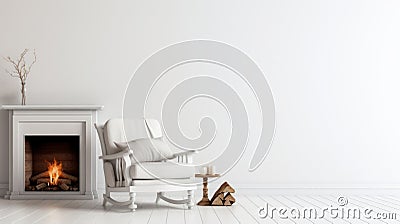 A cozy living room scene, featuring a warm fireplace, a comfortable rocking chair, and charming wooden decorations, exuding a Stock Photo