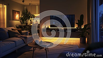 A cozy living room with warm LED bulbs and dimmable smart lighting perfect for setting the mood for movie nights Stock Photo