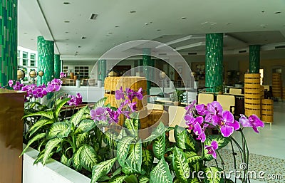 Cozy lobby at the hotel Resort Intime Sanya 5 in Dadonghai bay Editorial Stock Photo