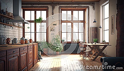 Cozy Loft with AI Generative Wallpaper, AI Generative Stock Photo