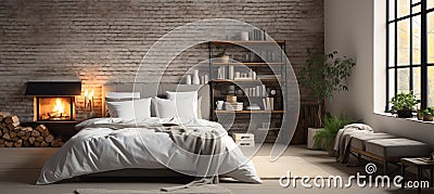 Cozy loft bedroom with comfy bed, fluffy pillow, stylish coverlet, fireplace, and rustic brick wall Stock Photo