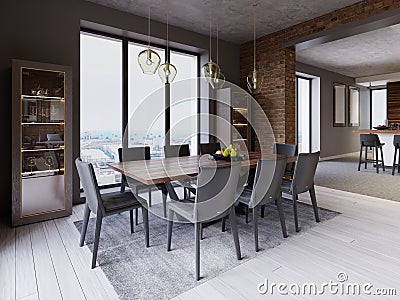 Cozy loft with dining table, chairs and storage racks Stock Photo