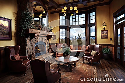 cozy lounge area, with fireplace and plush seating, surrounded by scenic views Stock Photo