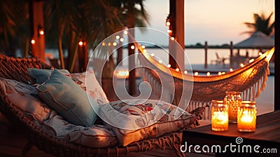 cozy Luxury resort, evening beach, candles blurred light on table ,sofa, hammock on front sunset sea Stock Photo