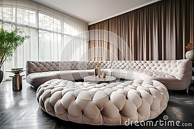 Cozy luxury tufted curved round sofa and velvet pouf on black parquet flooring against curtains near arched window. Hollywood Stock Photo