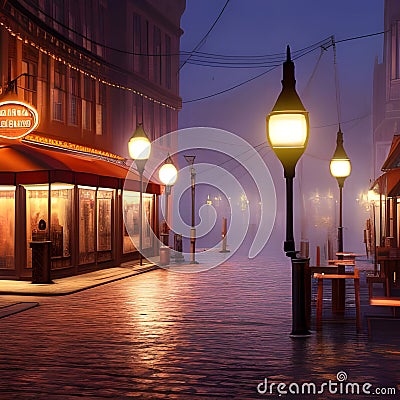 Cozy magical street café at night. Warm glow over patrons relaxing at the tables. Urban night background. Digital Cartoon Illustration