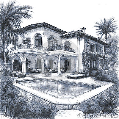 Cozy Mediterranean Villa Sketch Cartoon Illustration