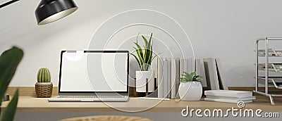 Cozy minimalist computer workspace with laptop computer mockup on wooden desk Cartoon Illustration