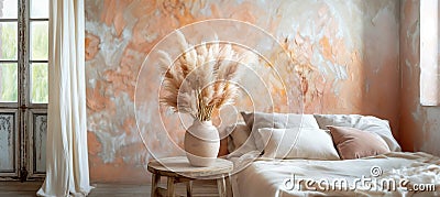 Cozy minimalist interior with earthy tones in 13-1023 Peach Fuzz color featuring vase of pampas grass on rustic wooden table Stock Photo