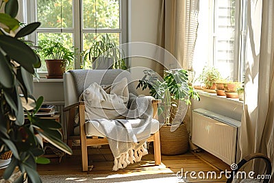 A cozy minimalist reading nook next to a window with natural light. Stock Photo